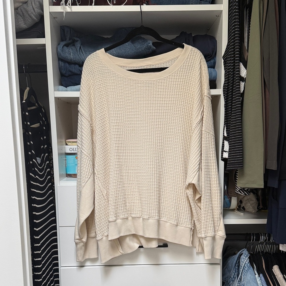American Eagle Outfitters Cream Waffle-Knit Scoop Neck Sweater
